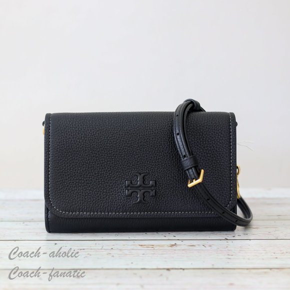 NWT Tory Burch Thea Small Pebble Leather Flat Wallet Crossbody in Black - Picture 3 of 12